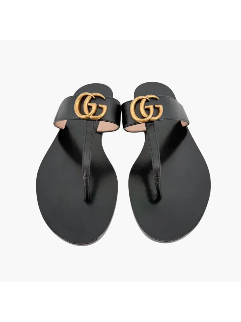 Gucci GG Marmont Thong Sandals Black Leather Size 40 US 10 Women's Flat Slides
